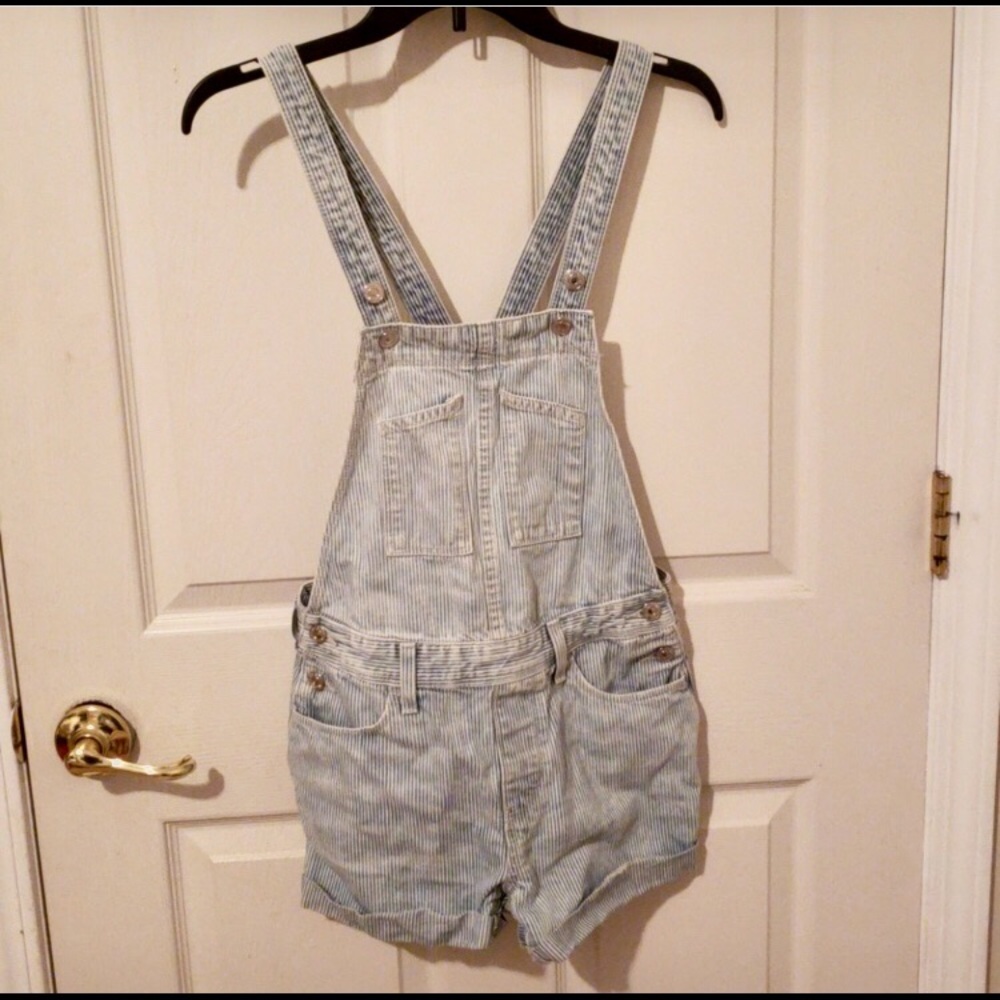 Levi’s railroad stripe short overalls